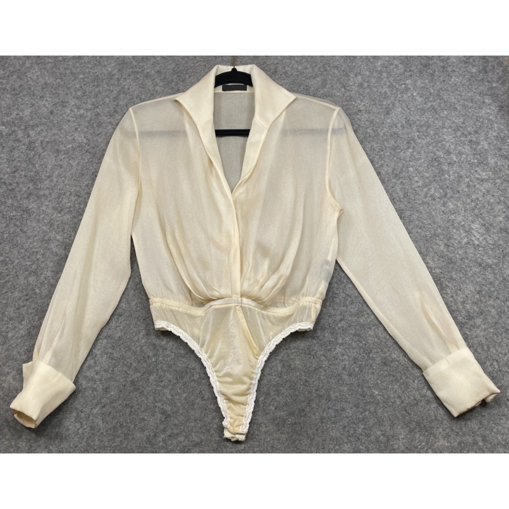 Vintage Donna Karan Bodysuit Cream Ivory 2 Silk Long Sleeve Sheer Y2K Top